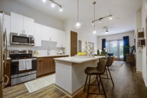 Apartments in Garland for Rent- Spacious Kitchen With Island, Wood Cabinets White Quartz Countertops, and Stainless Steel Appliances