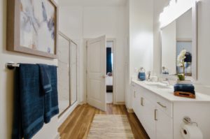 Bathroom with glass walk in shower