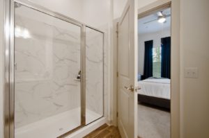 Bathroom with glass walk in shower