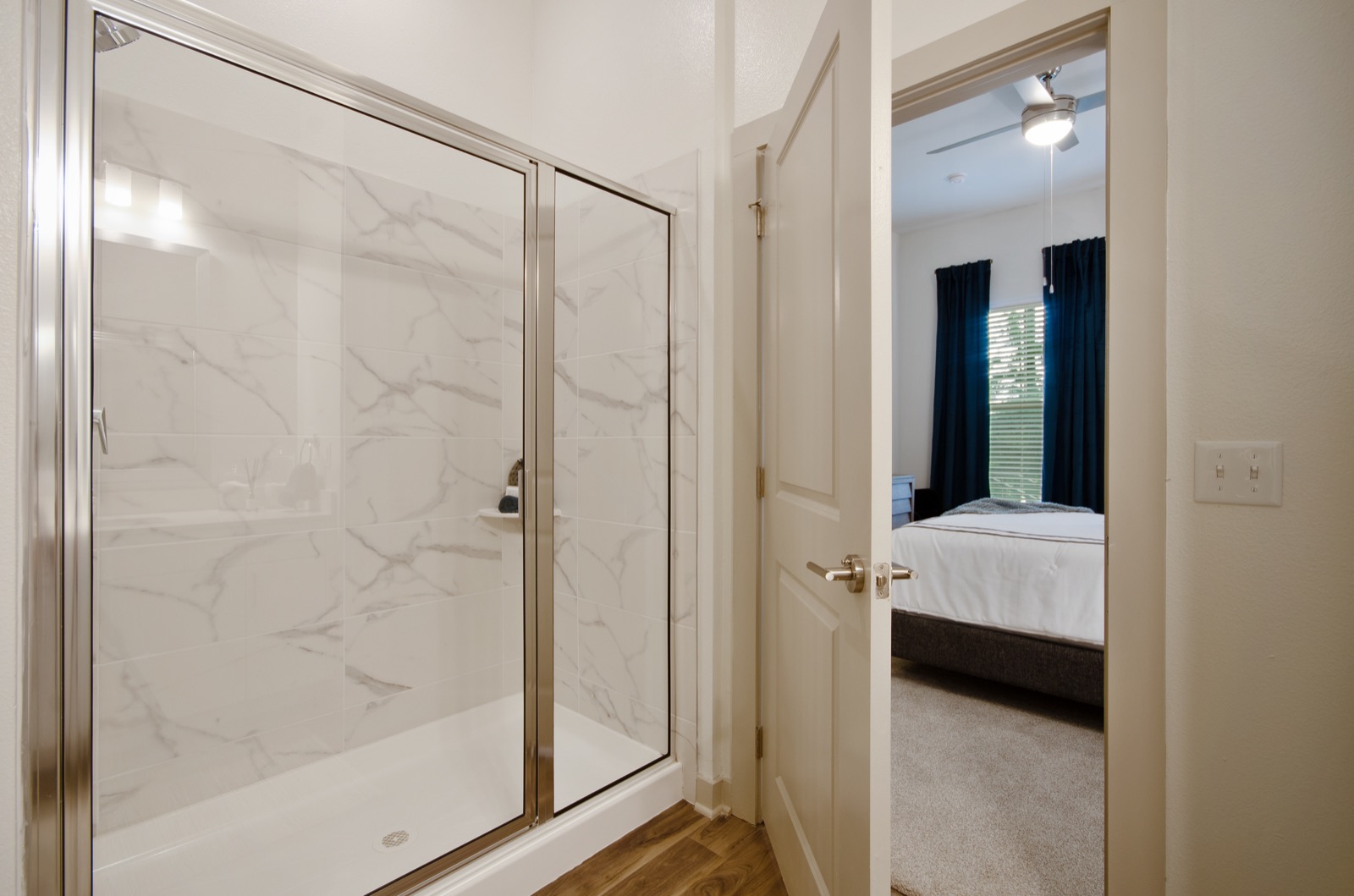 Bathroom with glass walk in shower