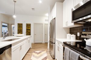 Kitchen with stainless steel appliances and tile backsplash