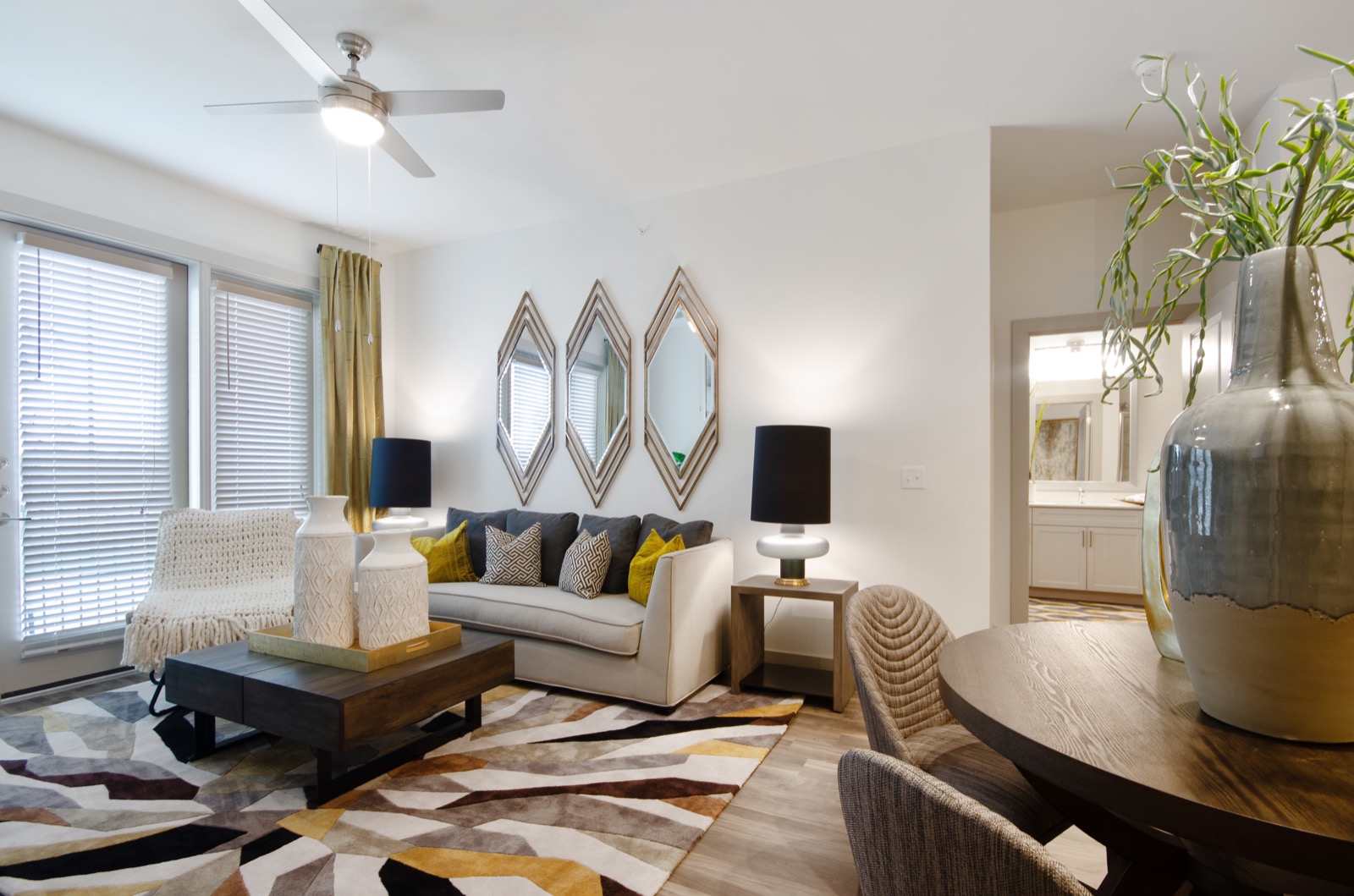 Open living room with large windows