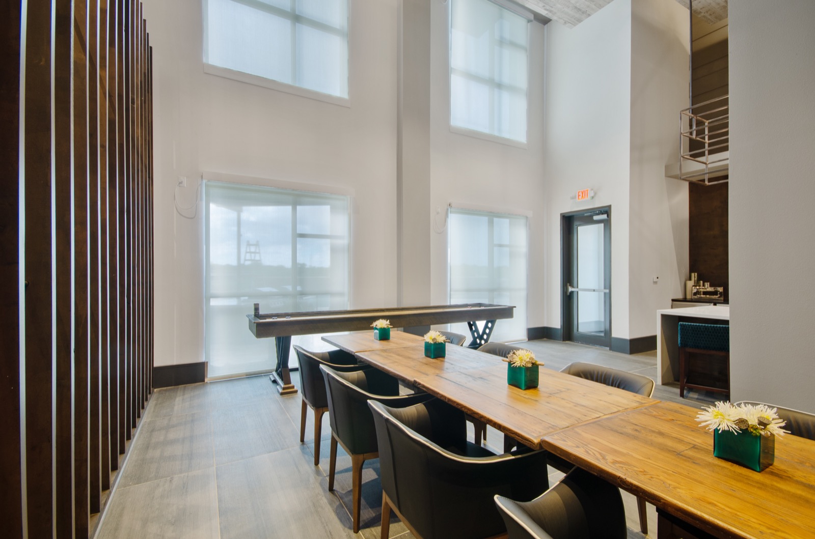 Community lounge with tables and chairs