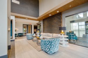 Community lounge with sofas and chairs