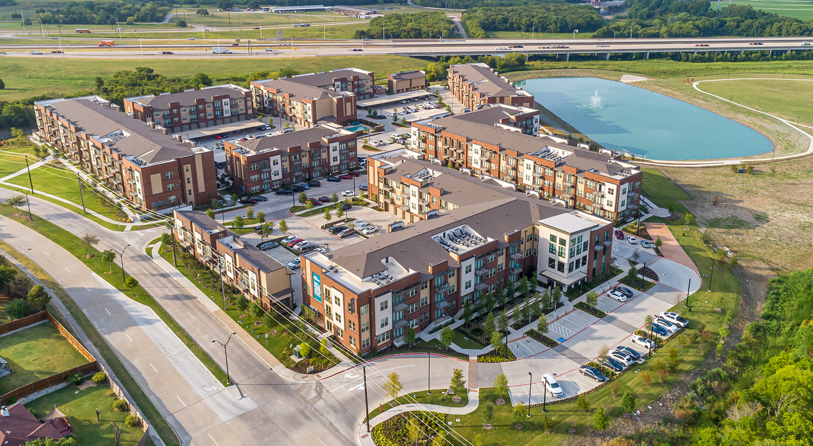 Aerial view of the community showing the adjacent lake