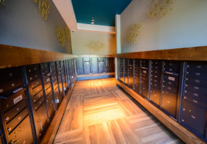 Mail room with parcel lockers