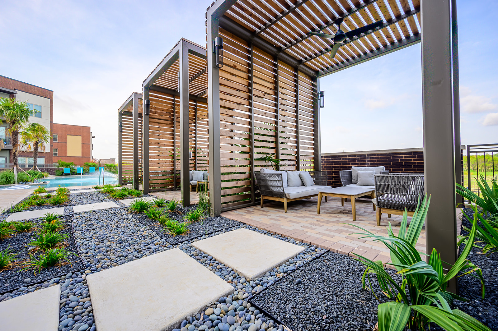 Outdoor courtyard with private cabanas